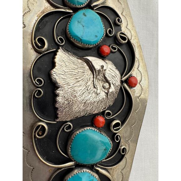 LARGE Native American Belt Buckle Raised Eagle Head Turquoise Coral Silver Tone - Picture 8 of 8